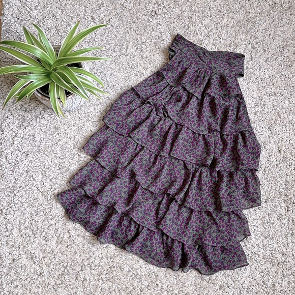 Women's Ruffled Floral Halter Top, Purple/Green, S - Picture 1 of 9